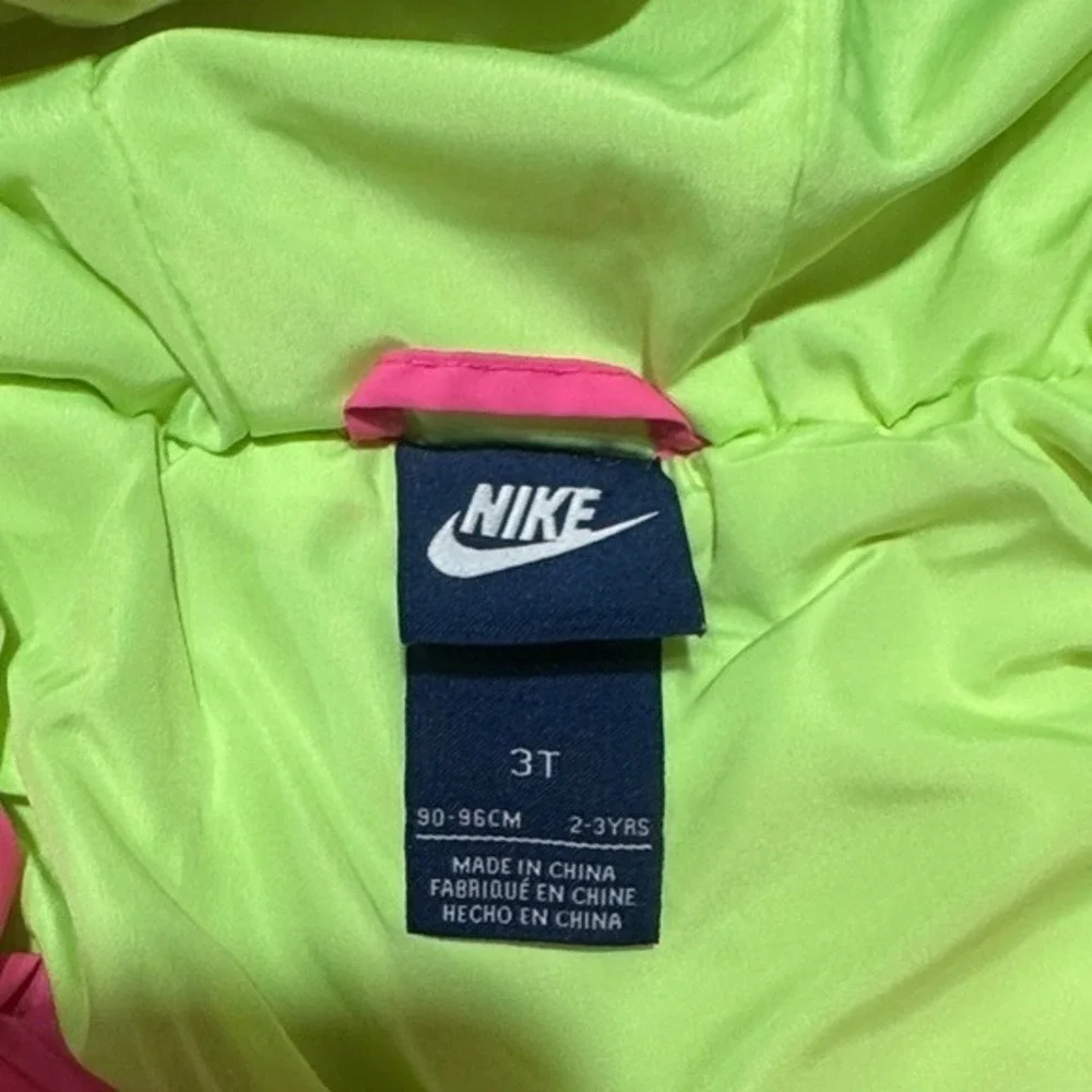 Nike Kids Pink Neon Lime Green Hooded Puffer Jacket Zip Up Coat 3T‎ A728-AA8